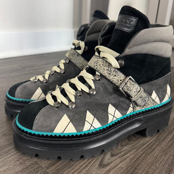 Bally Manilo Hiking Boots NEW Black Grey Turquoise Trim Suede Lug Sole Size 38 - Picture 3 of 7